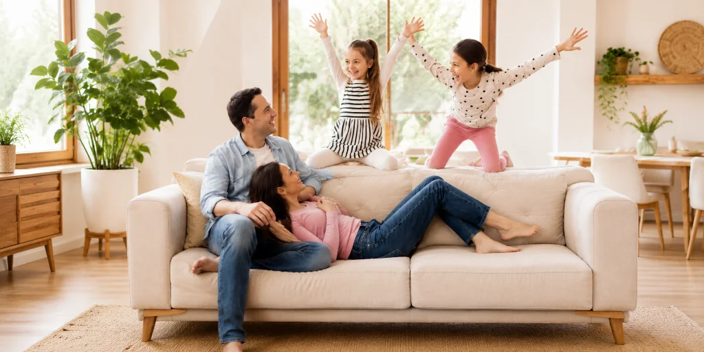 Family relaxing on a beige sofa