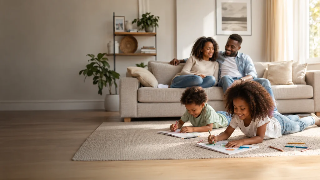 Family relaxing together in a bright living room