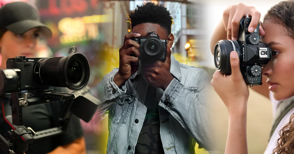 Photographers using Nikon cameras and stabilizers in urban and outdoor settings
