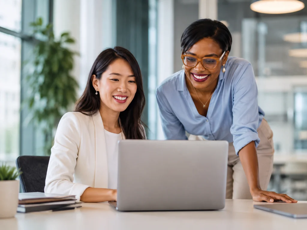Two colleagues collaborating over a laptop in a modern office