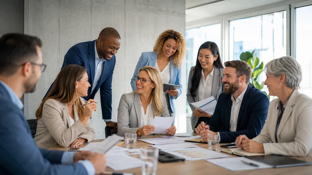 A diverse group of professionals collaborating around a conference table during a planning session
