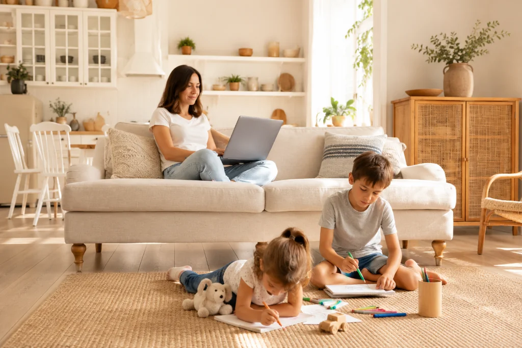 Family in a bright living room — customer care after the sale